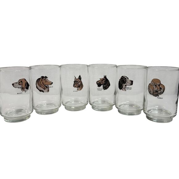 6 Vtg Dogs Beagle Collie Boxer Terrier Poodle Setter Low Ball Bar Glasses MCM